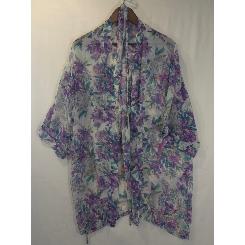 Vintage Fredericks of‎ Hollywood Chiffon Purple Iris Floral Robe M